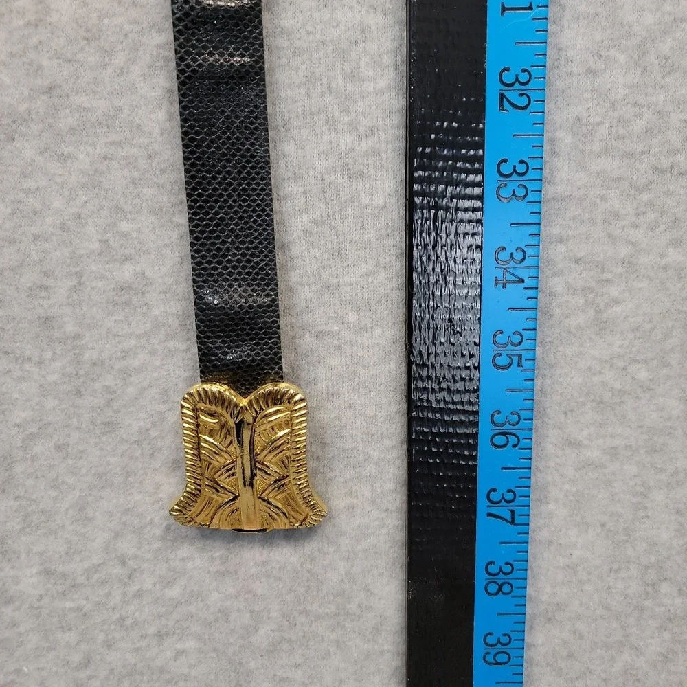 Vtg ALEXIS KIRK Belt Gold Basketweave Buckle Blk Reptile Leather 80s Rare Signed